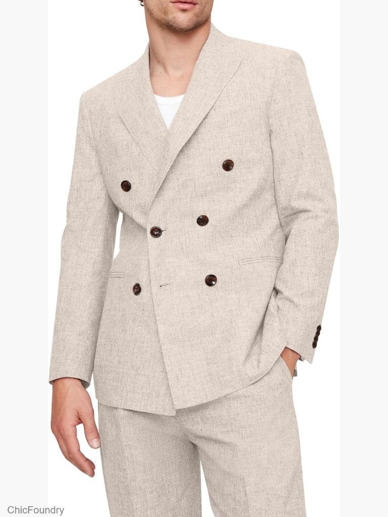 Men's 2 Piece Linen Suit Double Breasted Peak Lapel Blazer & Adjustable Pants